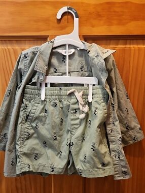 Disney Green Mickey Mouse Button-Up Shirt And Shorts